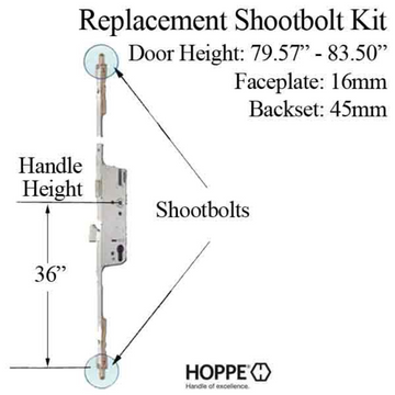 HOPPE 3-POINT MULTIPOINT LOCK, DOOR HEIGHTS 79.57"- 83.50", 1-3/4" BACKSET, SHOOTBOLT VERSION